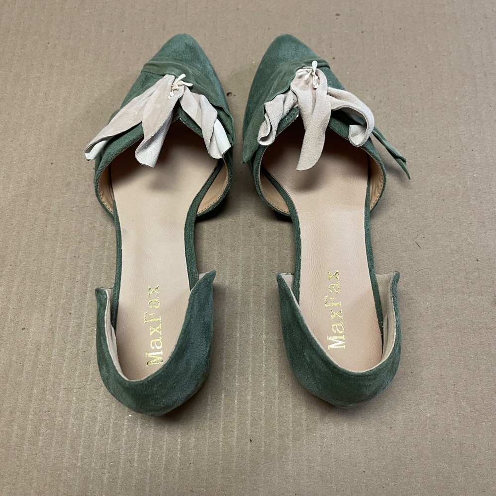 MaxFax Size 6 Green Eco-Suede D'Orsay Floral Petal Pointed Toe Flat Shoes NWOB - Picture 4 of 8